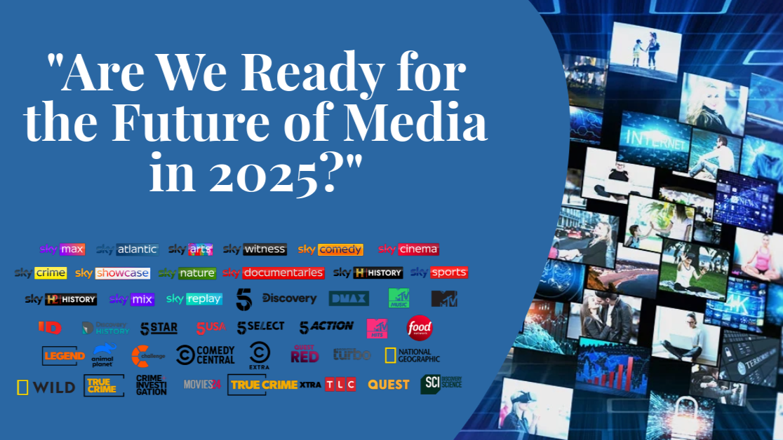 Ilustrasi perkembangan media entertainment tahun 2025 dengan teknologi AI, VR, AR, dan tren hiburan digital terbaru.