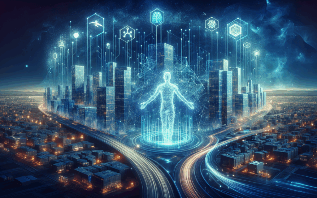 Ilustrasi futuristik kota digital yang menggambarkan platform sosial dipermudah oleh teknologi AI.