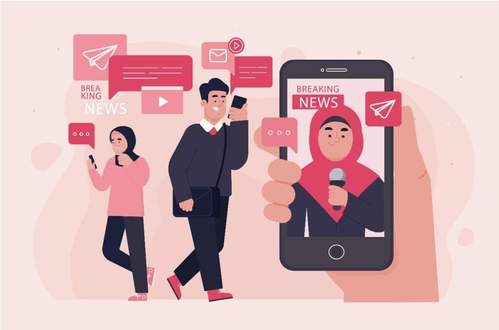 Ilustrasi perkembangan industri media digital dengan jurnalis melaporkan berita melalui smartphone dan platform online.