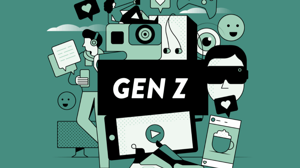Ilustrasi Generasi Z dengan ikon media digital, menggambarkan peran penting mereka dalam membentuk masa depan media dan informasi.