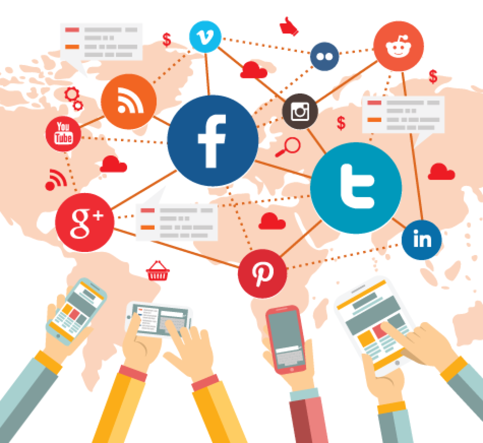 Ilustrasi berbagai platform populer untuk bersosial media seperti Facebook, Twitter, Instagram, dan YouTube yang terhubung secara global melalui perangkat mobile.