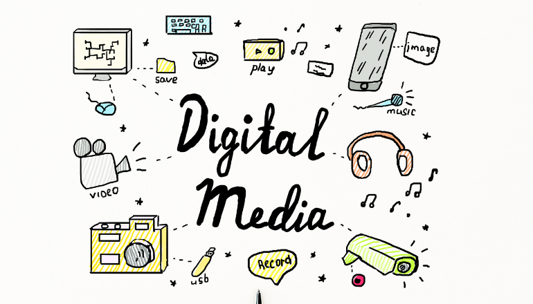 Ilustrasi Digital Media dengan ikon-ikon seperti gambar, musik, video, dan perangkat USB yang menggambarkan berbagai bentuk media digital.