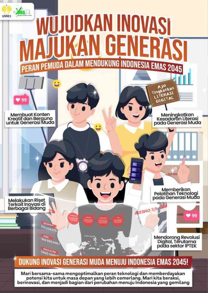 Ilustrasi generasi muda berinovasi di bidang teknologi dan riset menuju Indonesia Emas 2025