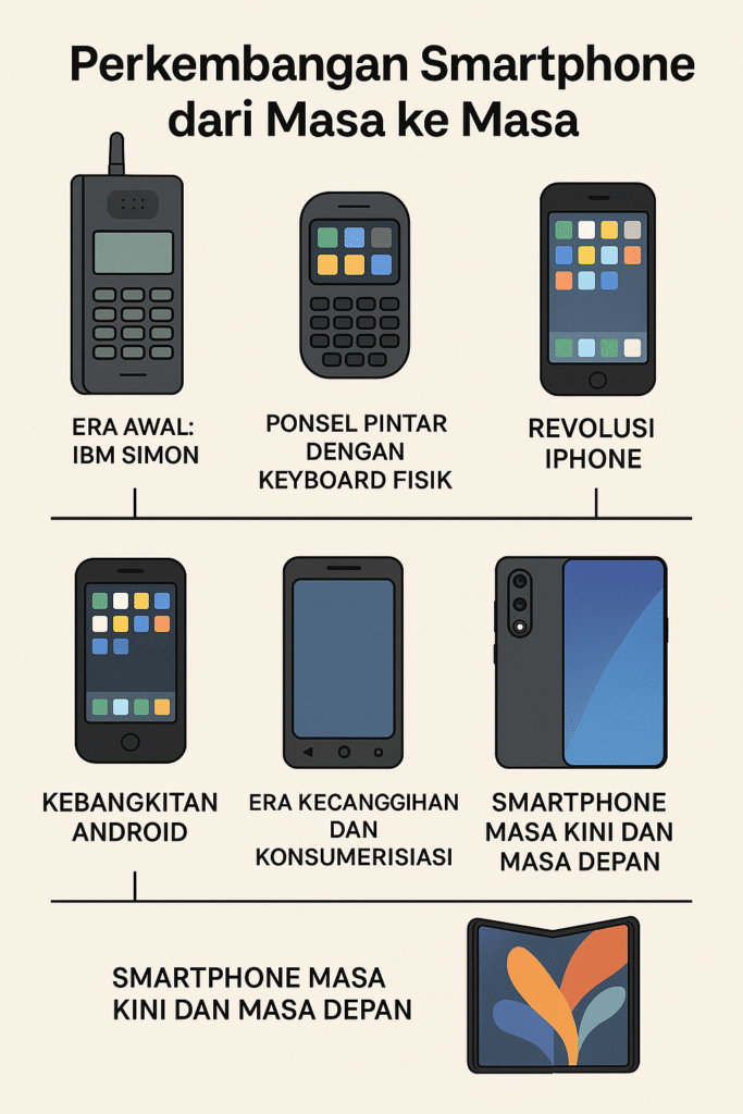 Ilustrasi perkembangan smartphone dari generasi lama hingga modern sebagai bagian dari revolusi smartphone