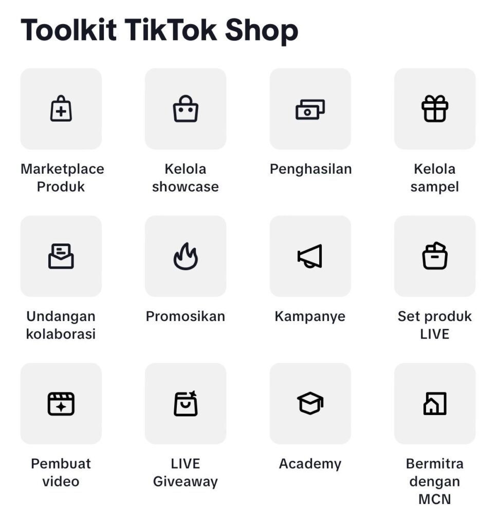 Dashboard TikTok Shop seller menunjukkan menu utama: Kelola produk, penghasilan, promosi, LIVE shopping, dan fitur lainnya