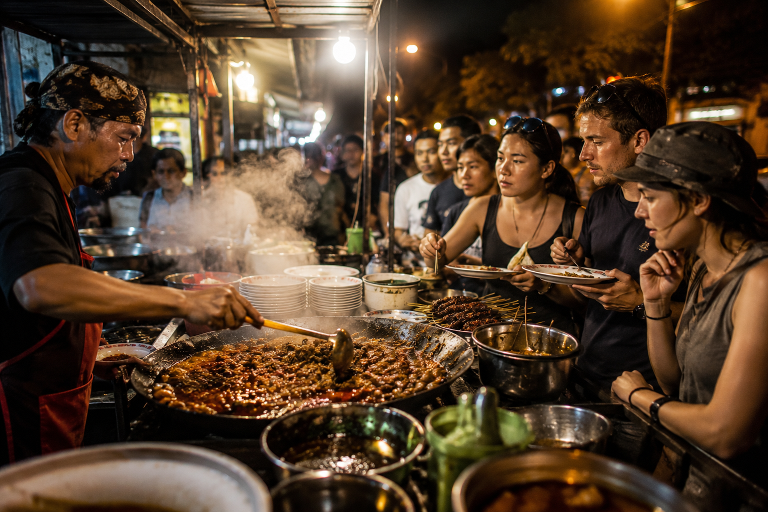 wisatawan asing mencoba wisata kuliner malam ekstrem