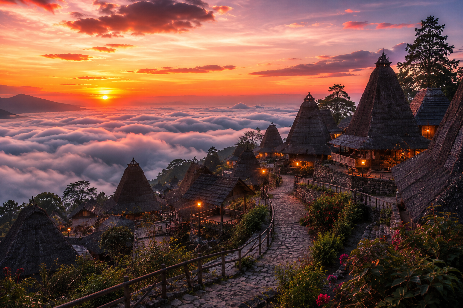 pemandangan sunset kampung adat di atas awan