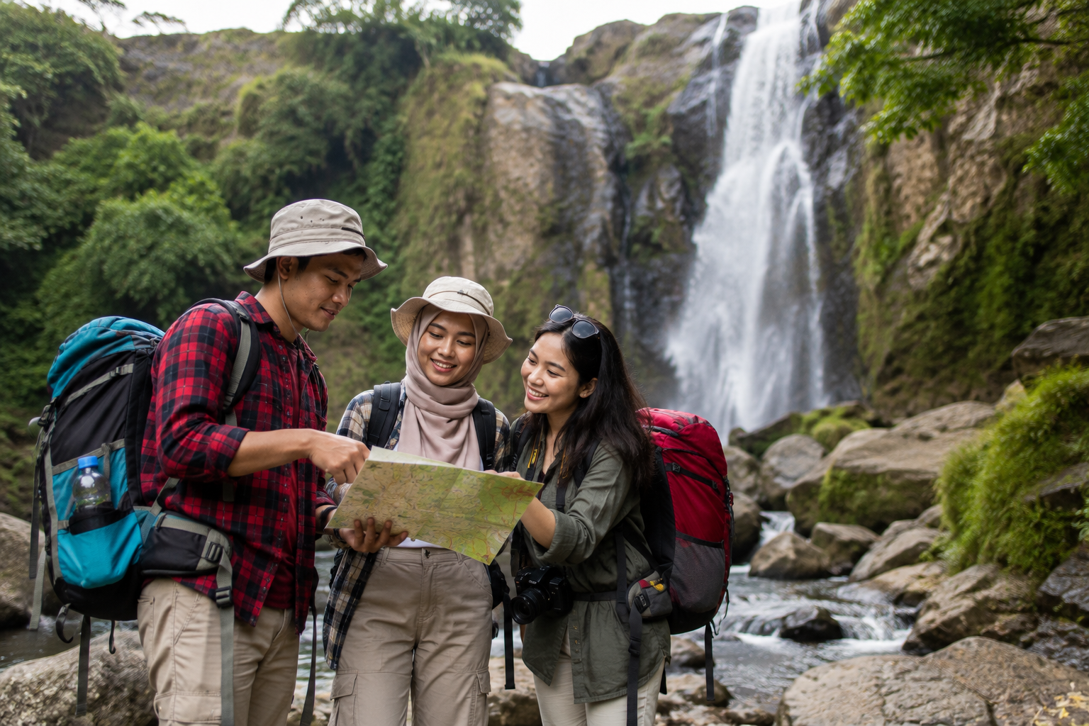 wisatawan menikmati liburan hemat di alam terbuka
