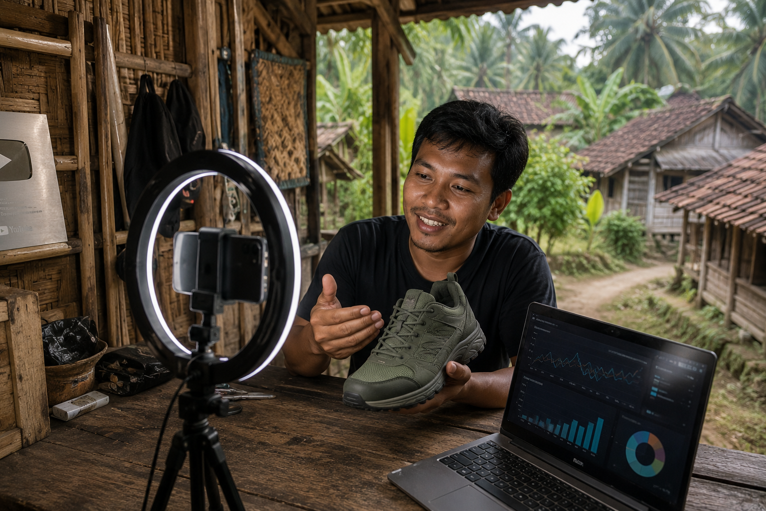 kreator konten desa sedang memproduksi video di alam pedesaan