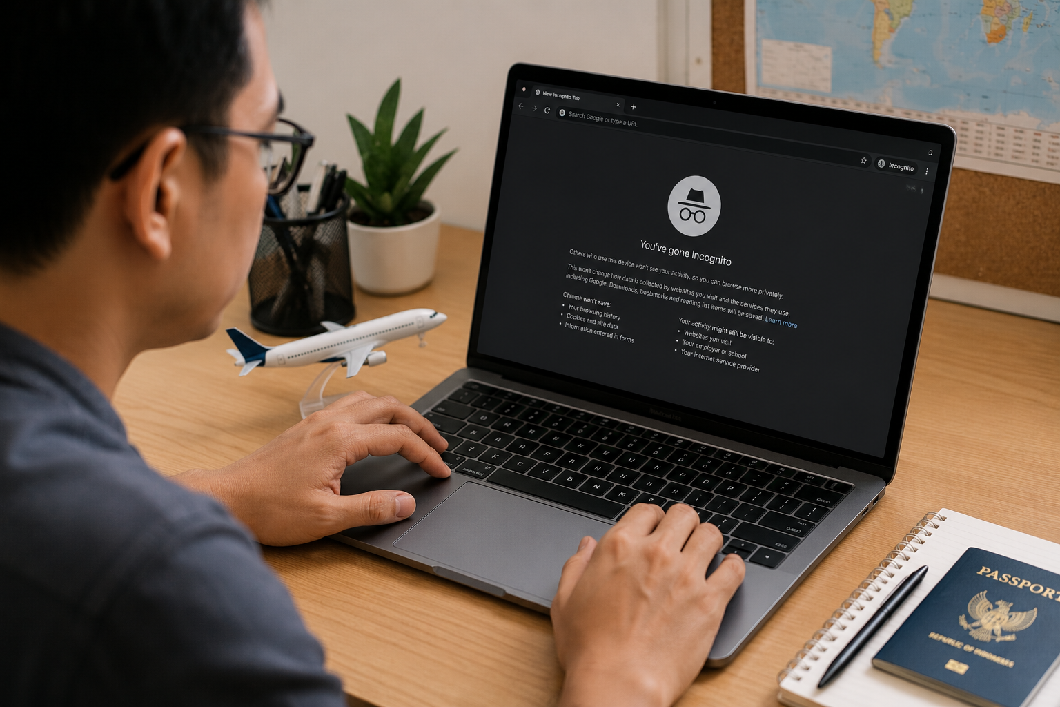 laptop menampilkan mode incognito untuk tiket pesawat murah
