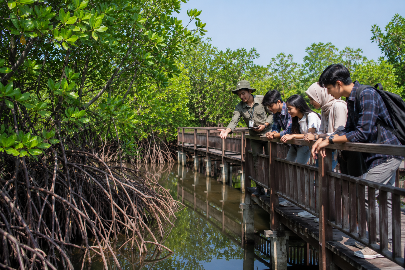 Jalur kayu di kawasan wisata mangrove Indonesia dengan pengunjung menikmati hutan bakau dan suasana pesisir yang alami