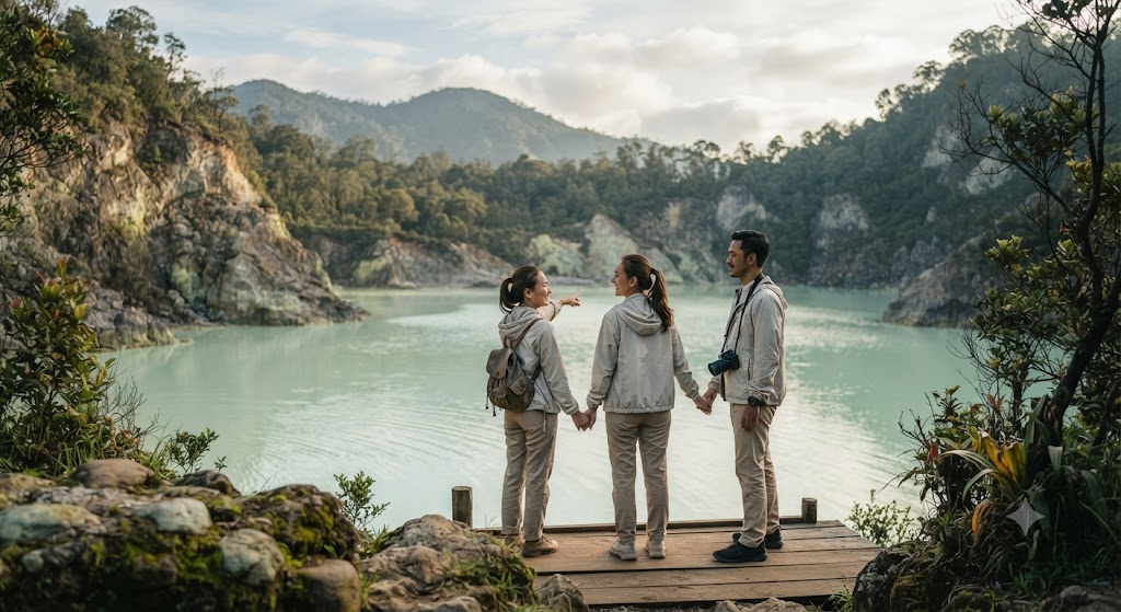 Pemandangan wisata alam gratis di Indonesia berupa perbukitan hijau, sungai jernih, dan langit biru yang cerah.