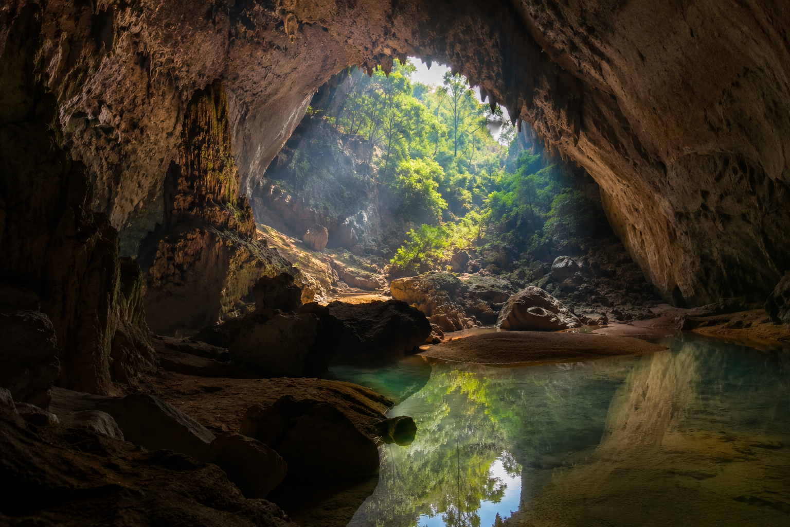 Panorama goa alam di Indonesia dengan stalaktit dan stalagmit yang megah serta pencahayaan alami dari mulut goa