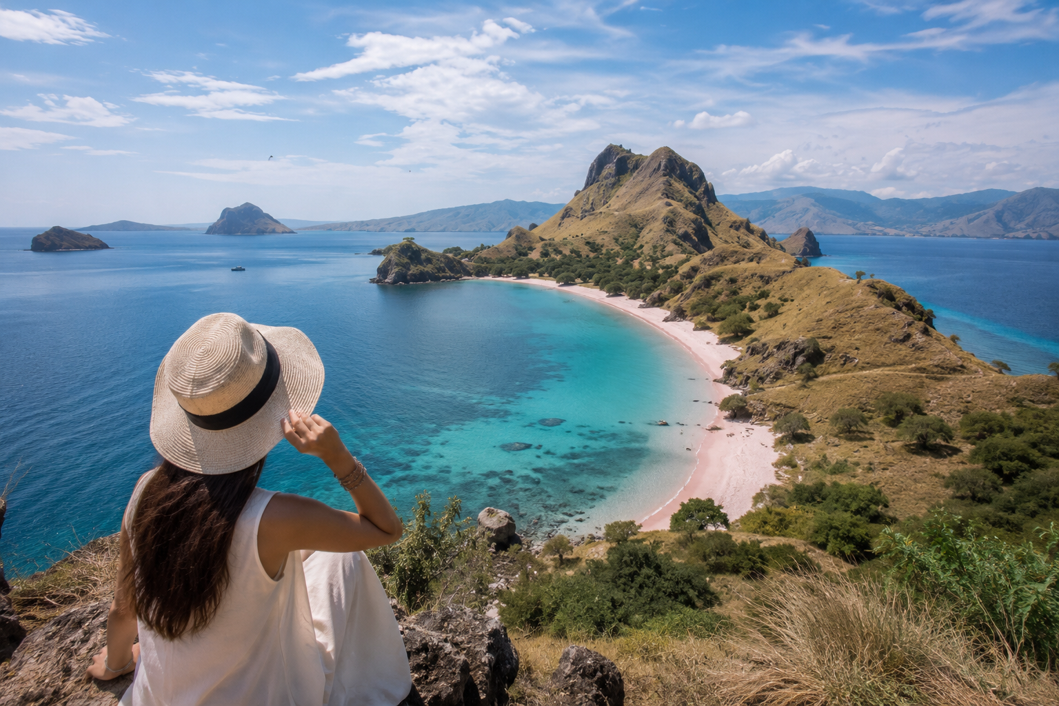 Destinasi Liburan Murah Selain Bali dengan pemandangan pantai tropis, perbukitan hijau, dan laut biru yang memukau di Indonesia.