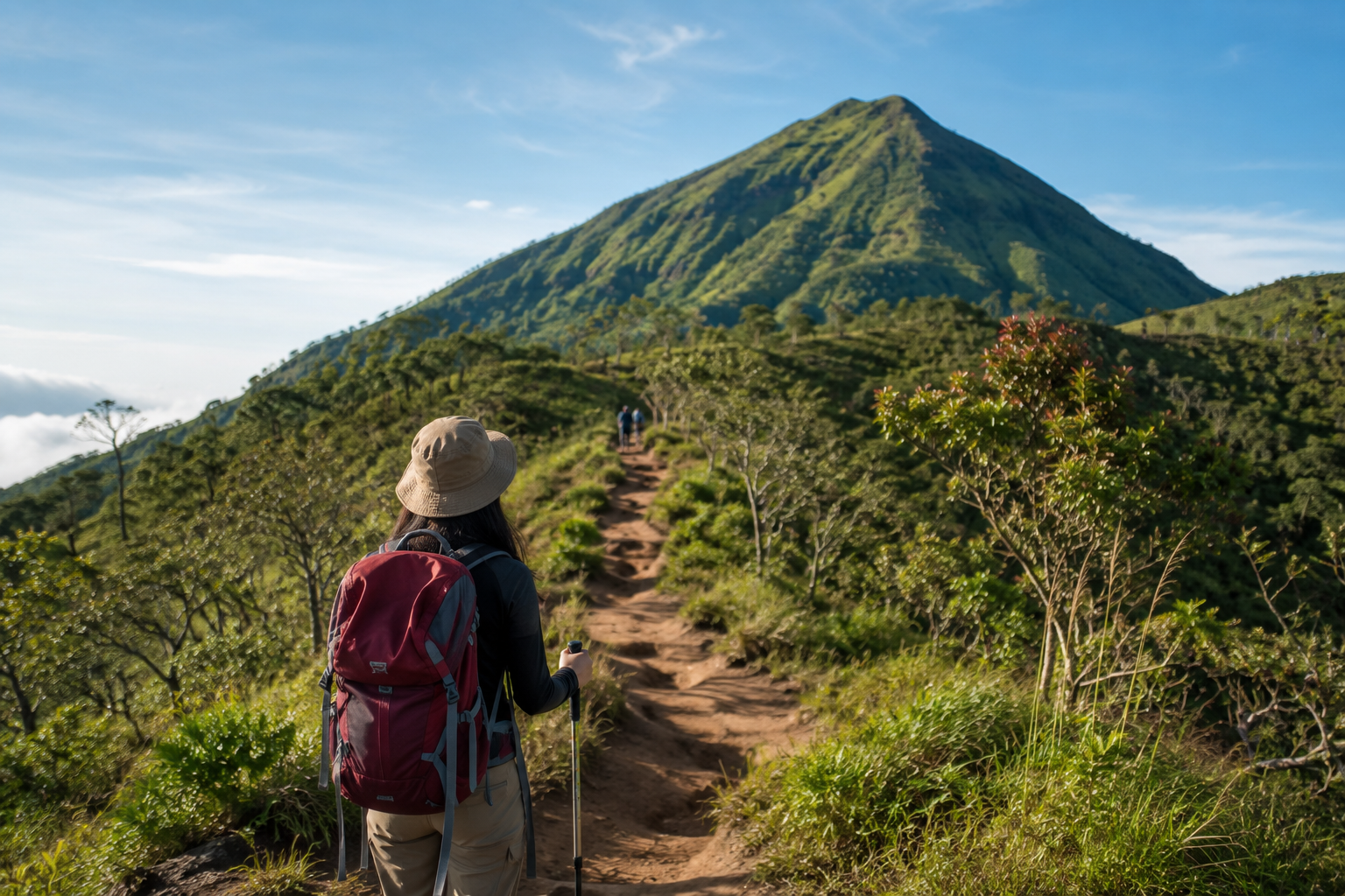 Jalur Pendakian Gunung memperlihatkan pendaki pemula berjalan di jalur gunung yang landai dengan panorama alam Indonesia yang hijau.