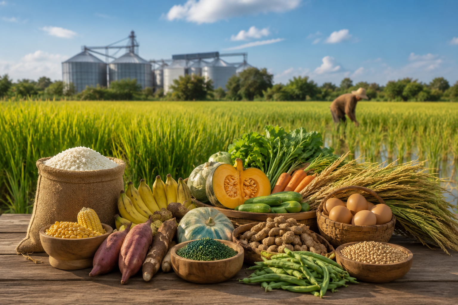 Ketahanan Pangan Nasional dengan lahan pertanian modern, petani memanen padi, dan hasil panen yang melimpah di Indonesia