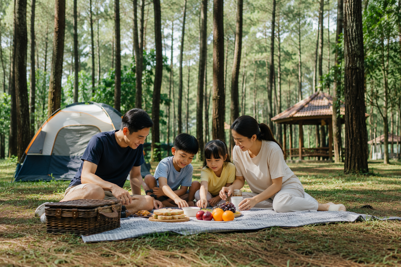 Wisata Hutan Pinus Indonesia dengan area piknik keluarga di tengah pepohonan pinus yang rindang