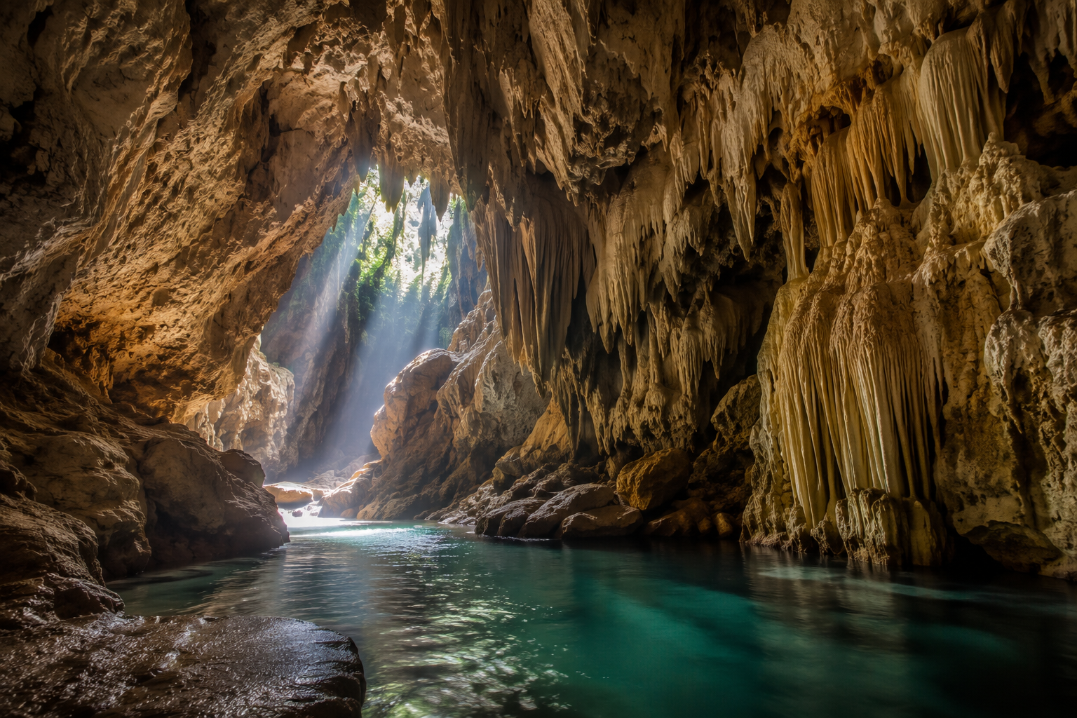 Goa Wisata di Indonesia dengan stalaktit, stalagmit, dan cahaya alami yang memancarkan keindahan di dalam gua.
