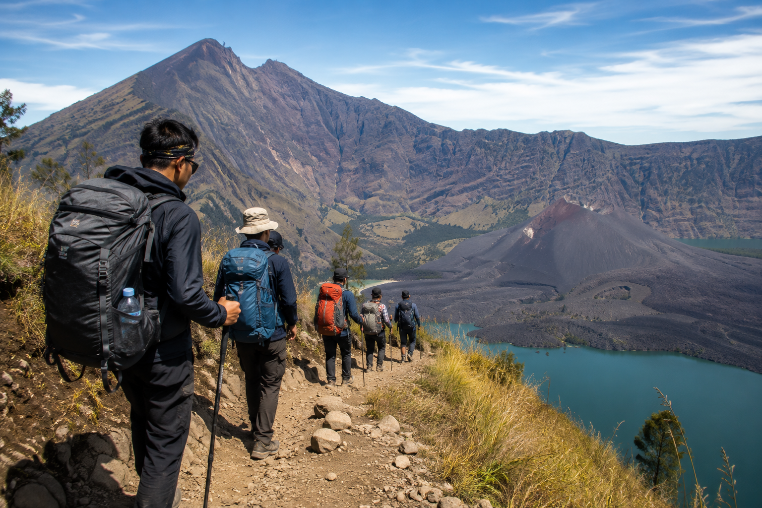 Gunung Rinjani dengan jalur pendakian menuju puncak serta pemandangan Danau Segara Anak di Pulau Lombok