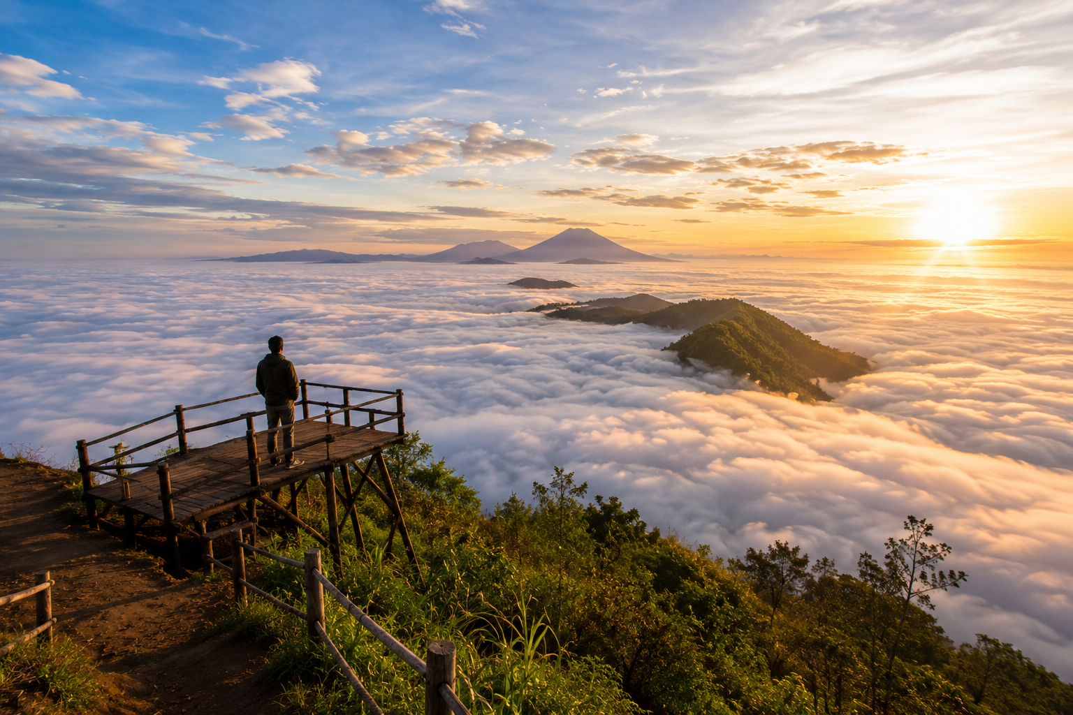 Wisata Bukit Indonesia dengan panorama negeri di atas awan saat matahari terbit.