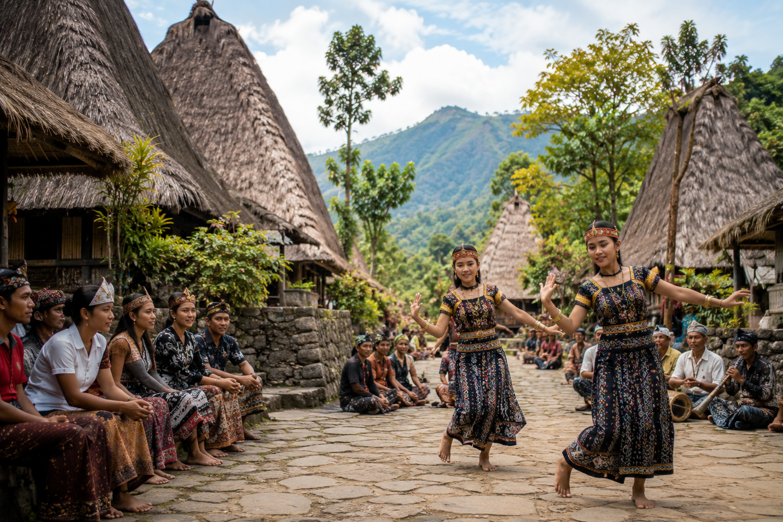 Suasana desa wisata di Indonesia dengan rumah adat, aktivitas budaya masyarakat, dan panorama alam yang asri.