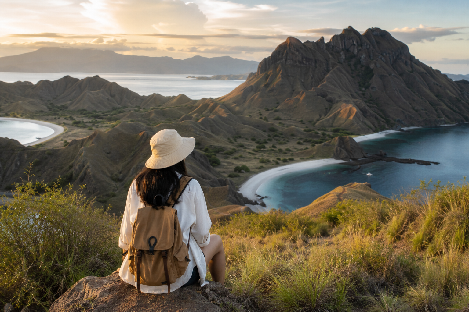 Seorang solo traveler menikmati pemandangan pegunungan saat matahari terbit dengan membawa ransel