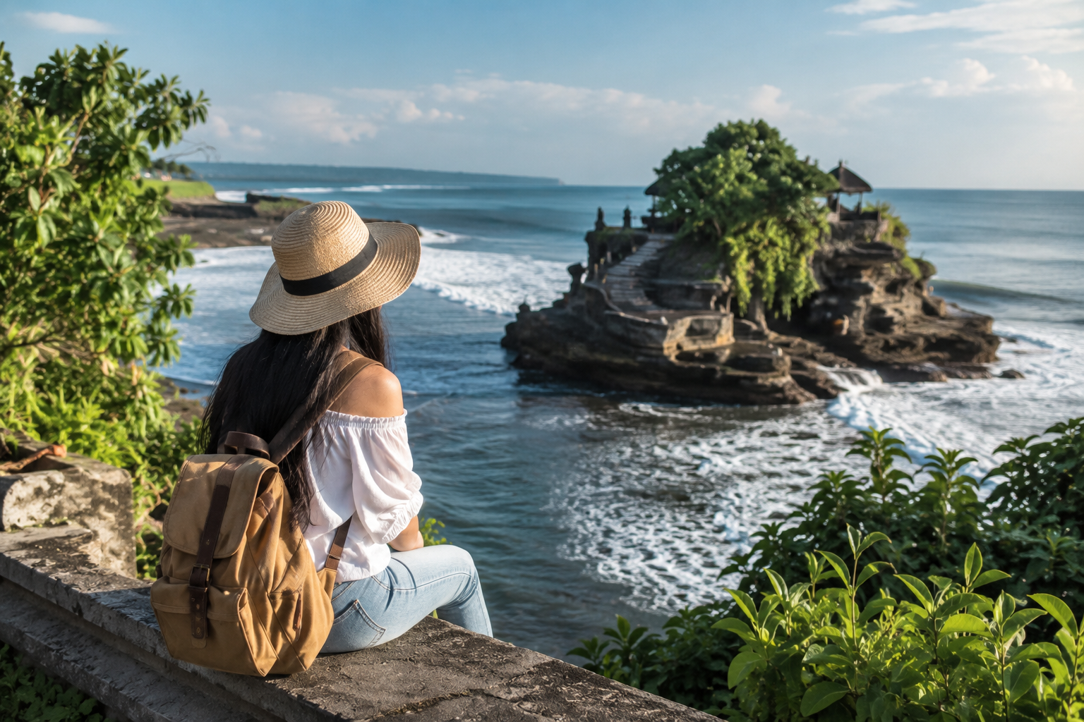 Panduan Liburan ke Bali dengan wisatawan menikmati pantai saat matahari terbenam dengan suasana tropis yang indah