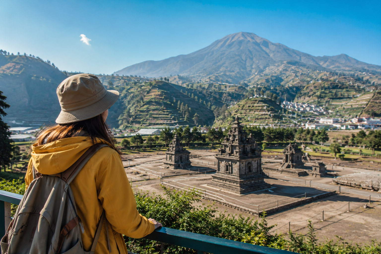 Wisatawan menikmati pemandangan matahari terbit saat liburan ke Dieng Plateau di musim kemarau.