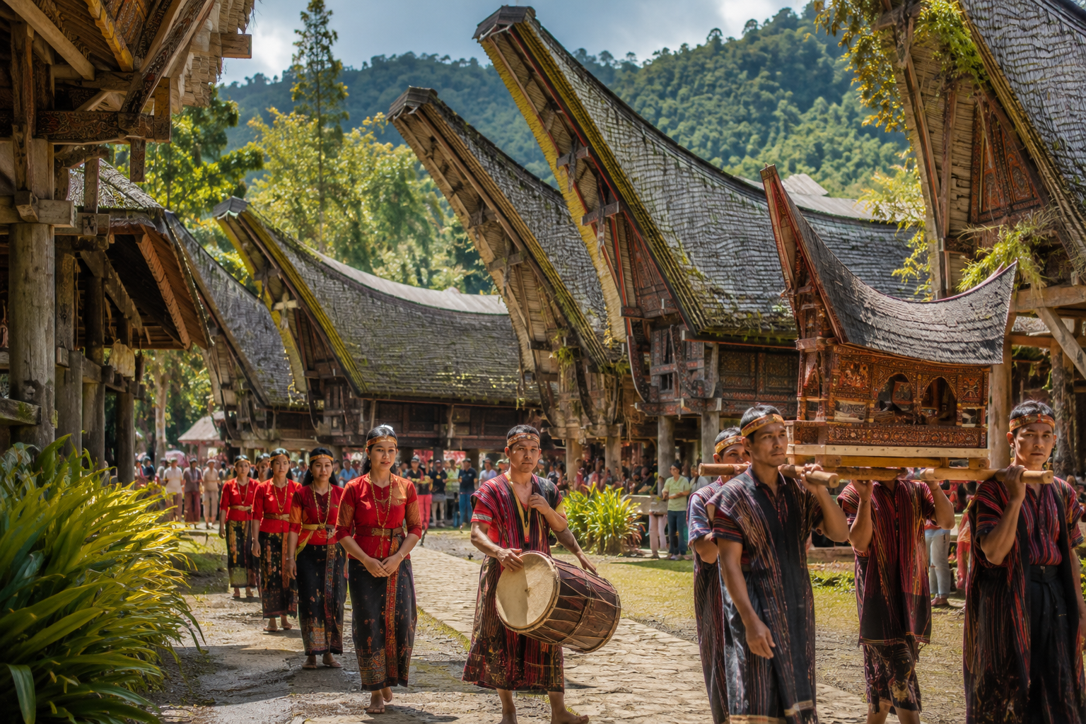 Desa Wisata di Indonesia dengan rumah adat tradisional, masyarakat mengenakan pakaian adat, dan panorama alam yang masih asri.