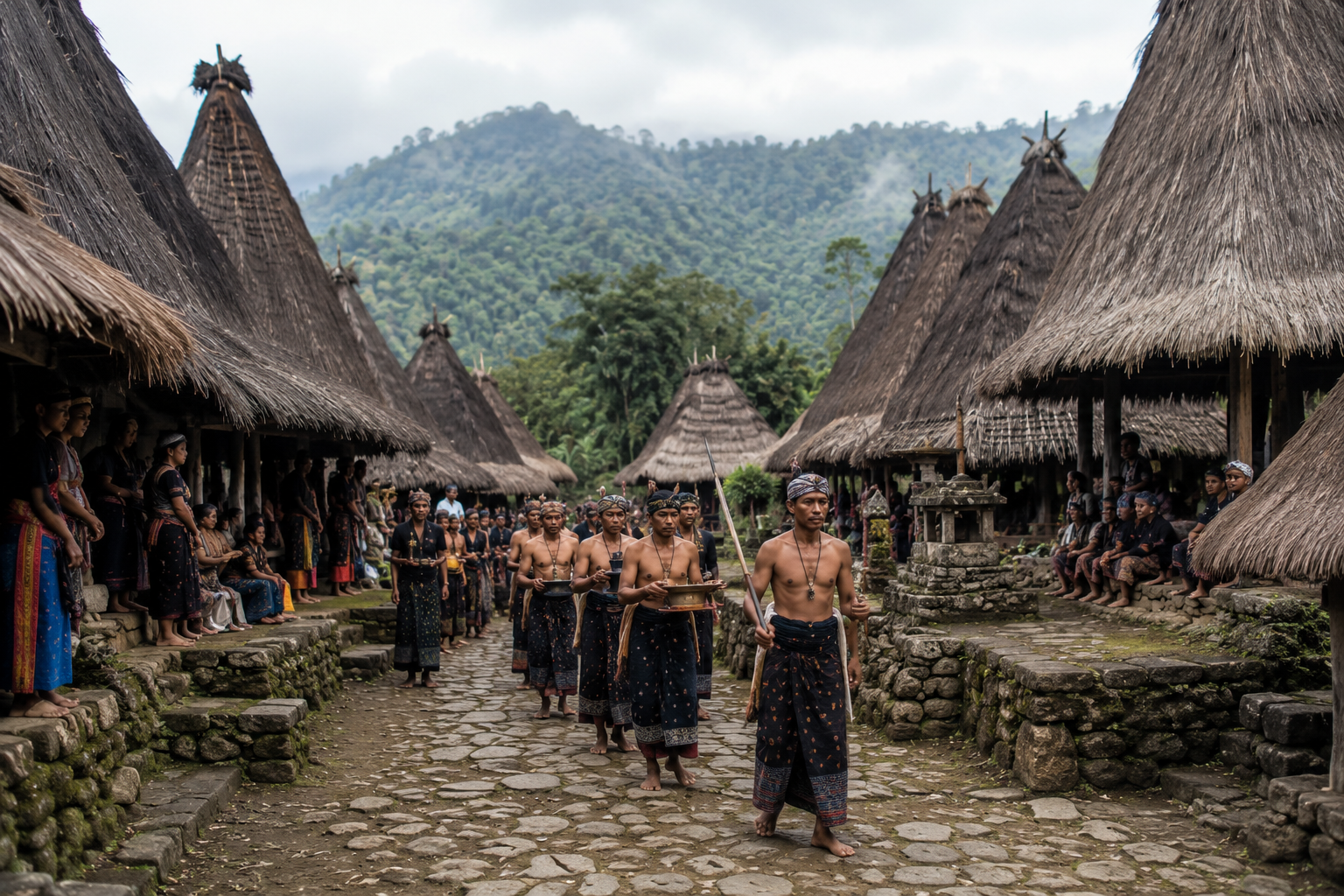 Desa Adat Indonesia dengan rumah tradisional dan masyarakat yang mempertahankan tradisi leluhur.