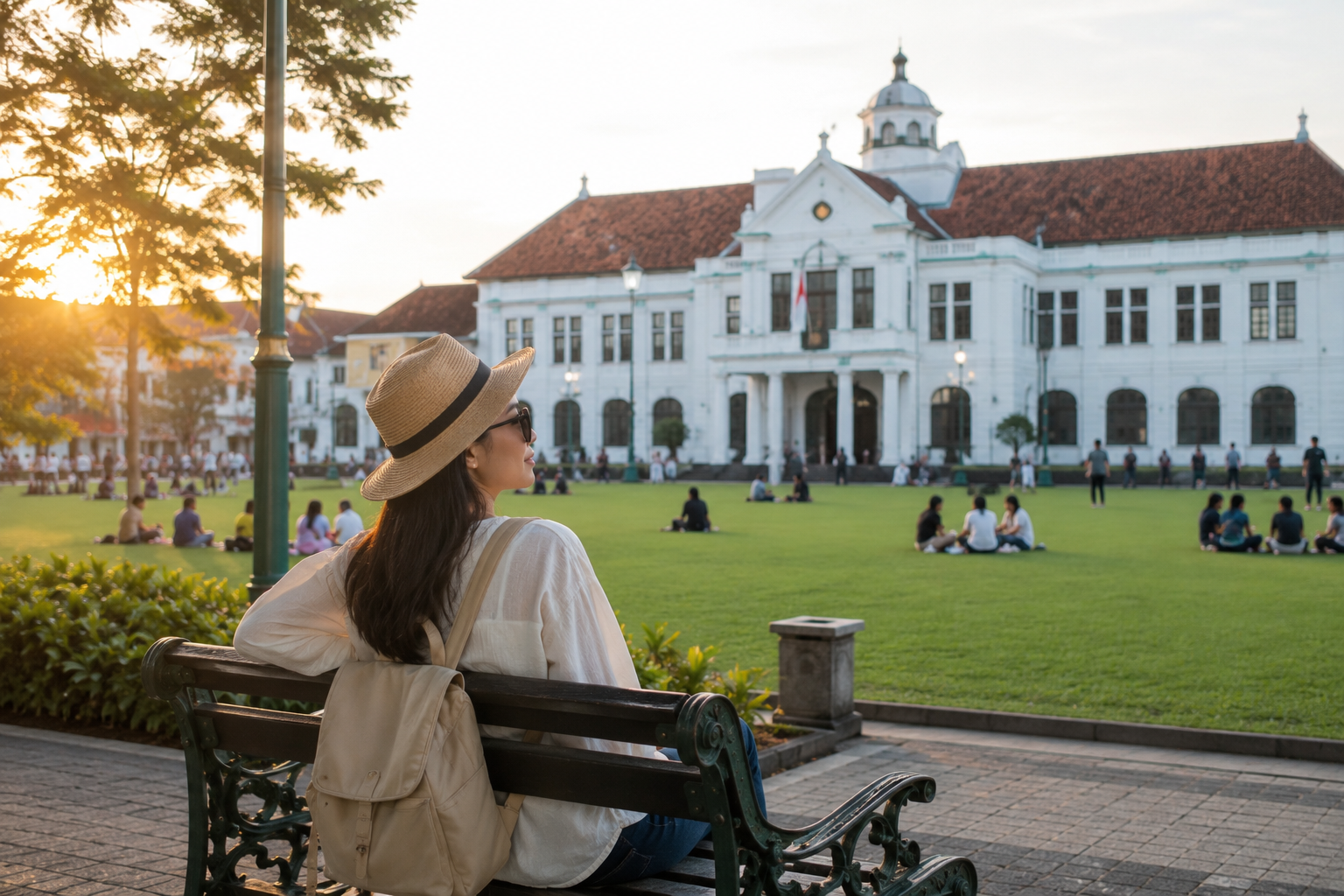 Wisatawan menikmati suasana Tempat Wisata Gratis Jogja dengan latar bangunan bersejarah.