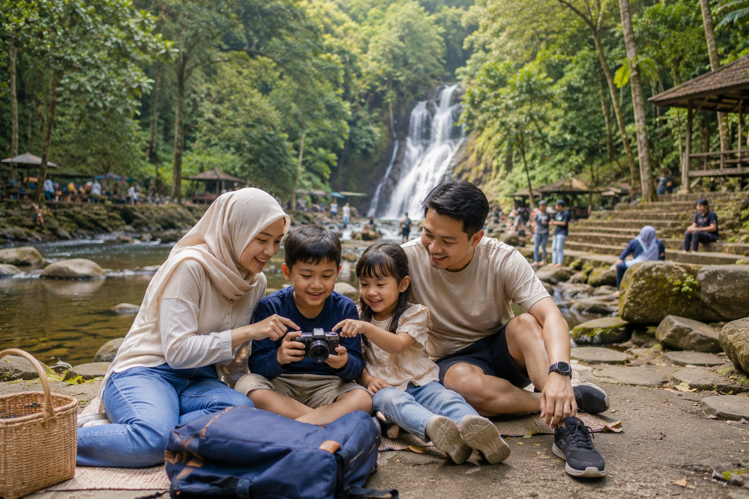 Keluarga menikmati liburan murah di destinasi wisata alam Indonesia dengan suasana yang nyaman dan menyenangkan.