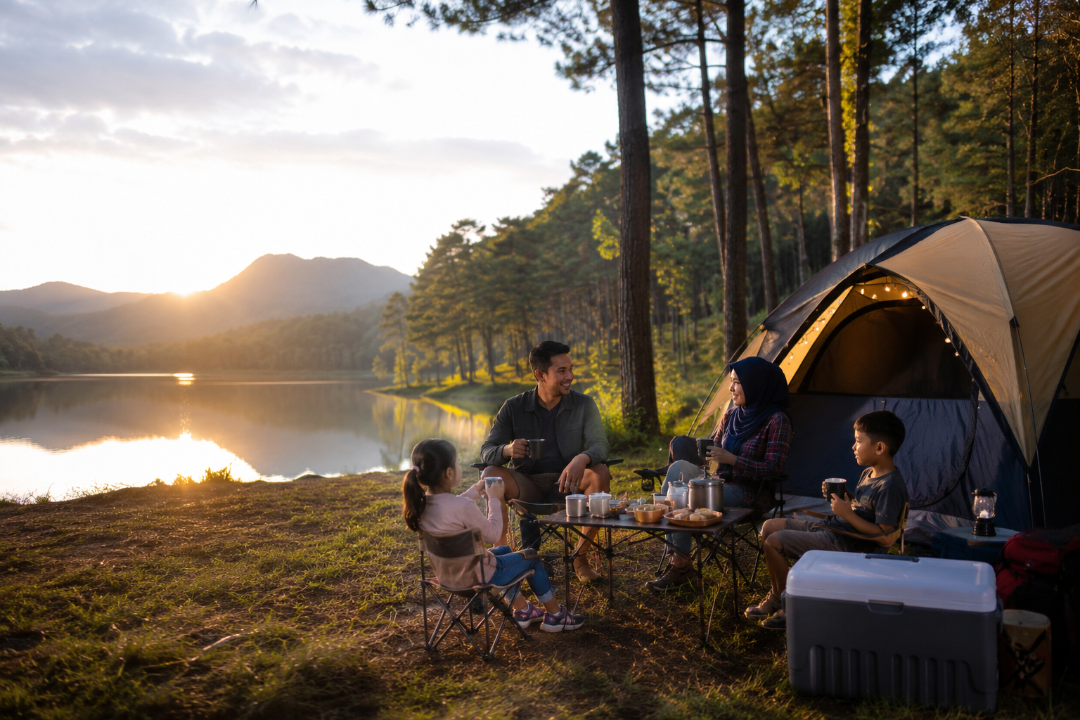 Keluarga sedang berkemah di tepi danau dengan tenda, pepohonan hijau, dan pemandangan pegunungan yang indah.