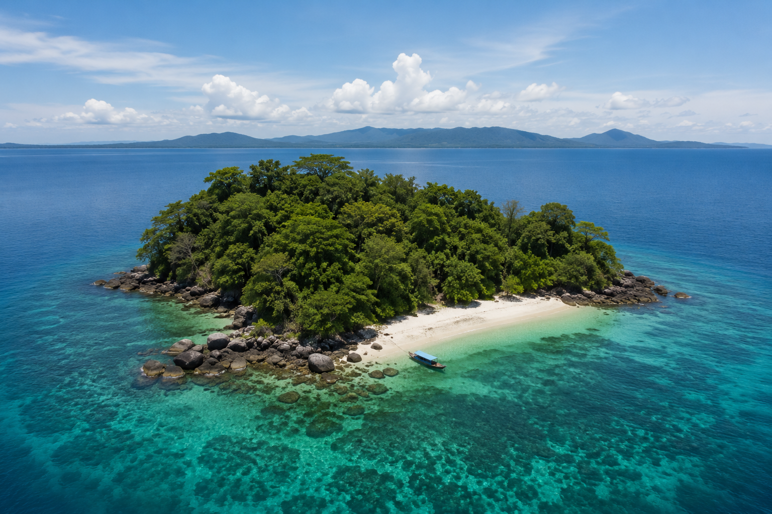 Pulau Kecil di Indonesia dengan pantai berpasir putih, air laut jernih, dan suasana alami