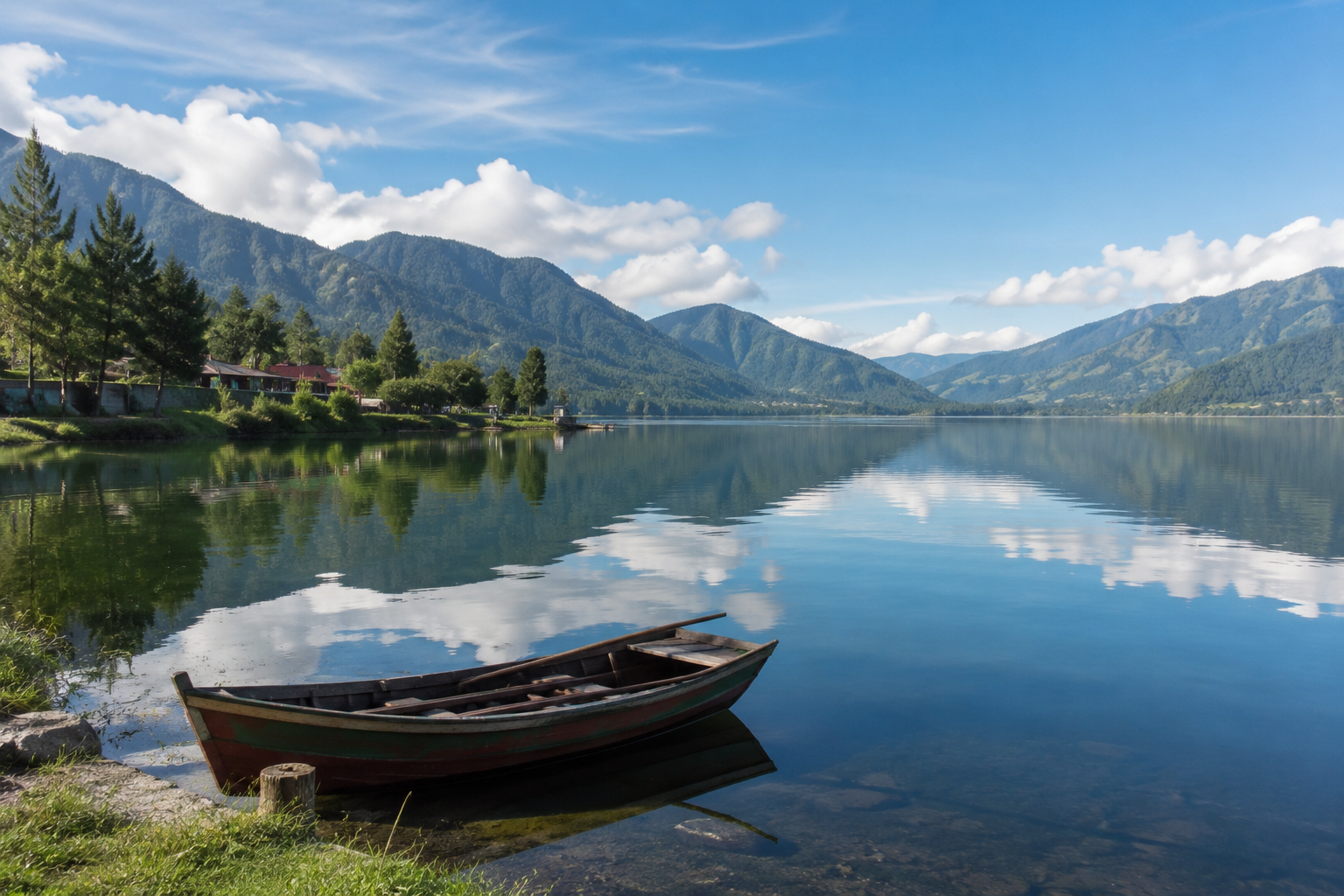 Danau Terindah Indonesia dengan air yang jernih, pegunungan hijau, dan suasana tenang di bawah langit cerah.