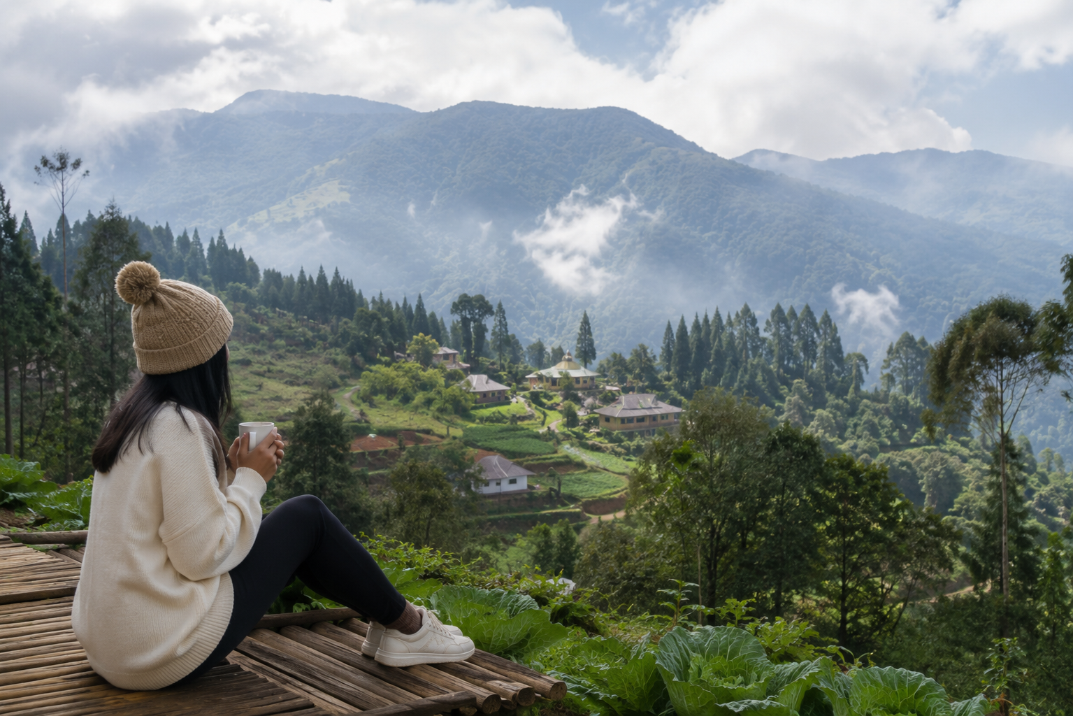 Wisata Pegunungan di Indonesia dengan panorama pegunungan hijau, kabut pagi, dan udara sejuk yang menyegarkan.