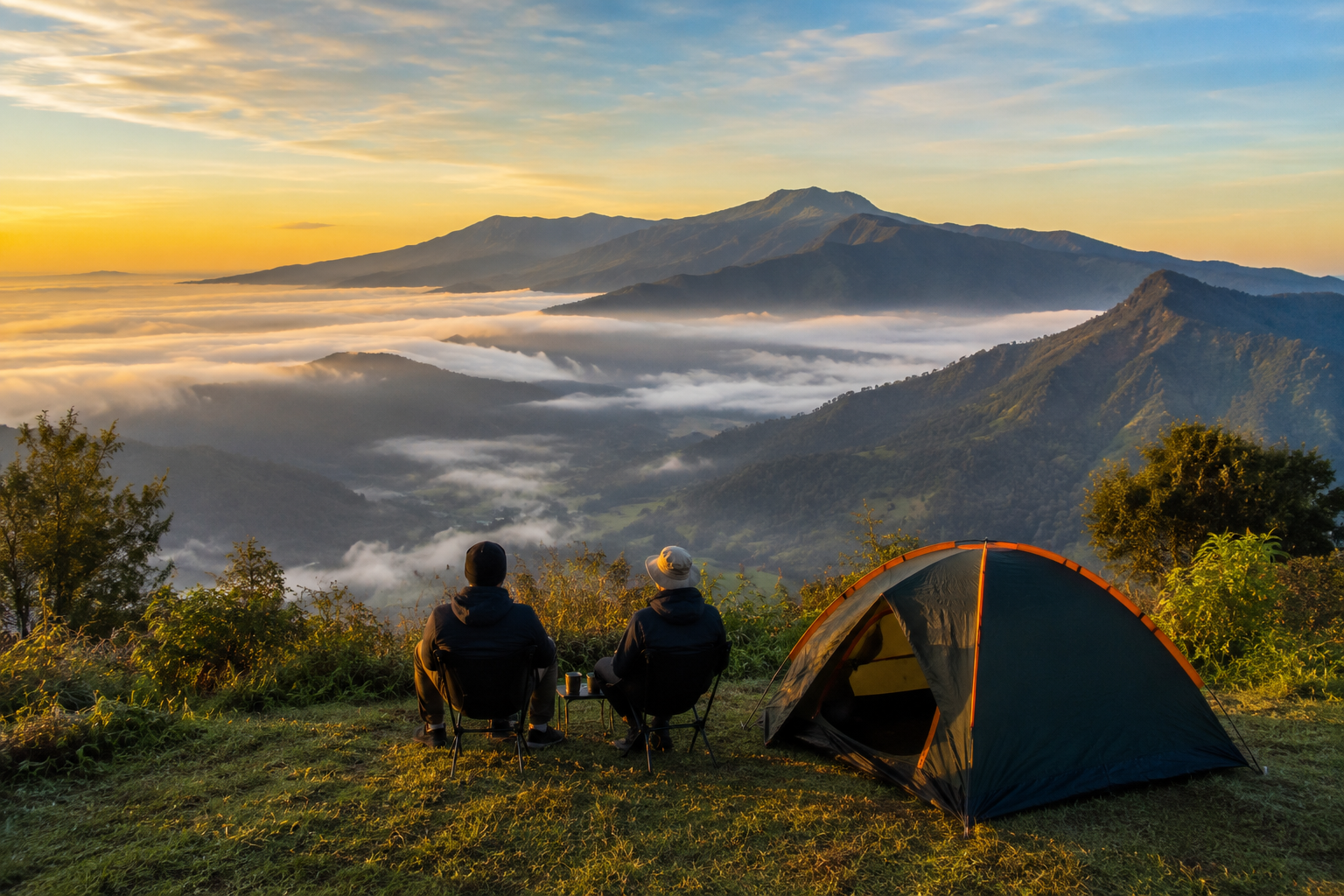 Camping Ground Terbaik di Indonesia dengan tenda menghadap panorama pegunungan saat matahari terbit.
