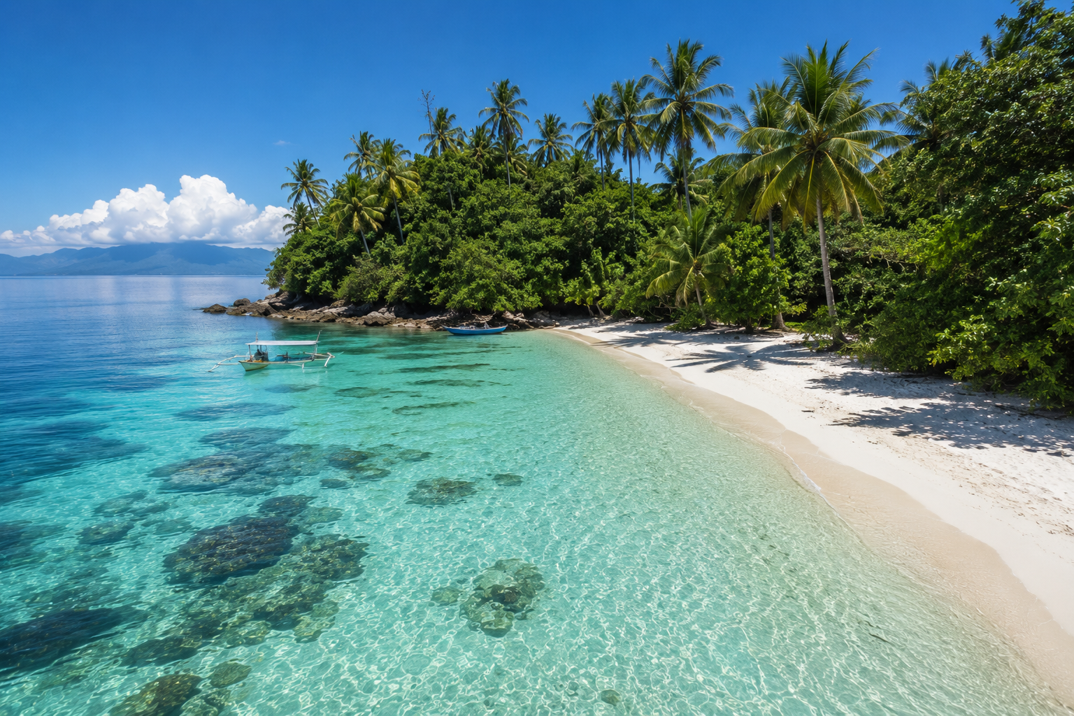 Pulau Kecil Terindah di Indonesia 2026 dengan pantai pasir putih, laut biru jernih, pepohonan hijau, dan perahu tradisional di tepi pantai.