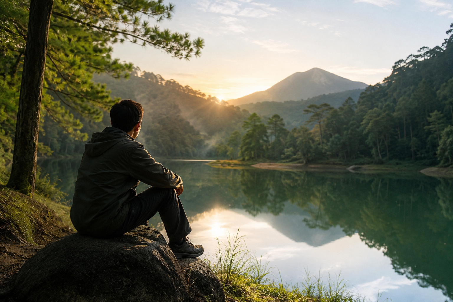 Seorang wisatawan menikmati pemandangan pegunungan hijau dan danau yang tenang sebagai destinasi wisata alam untuk healing.