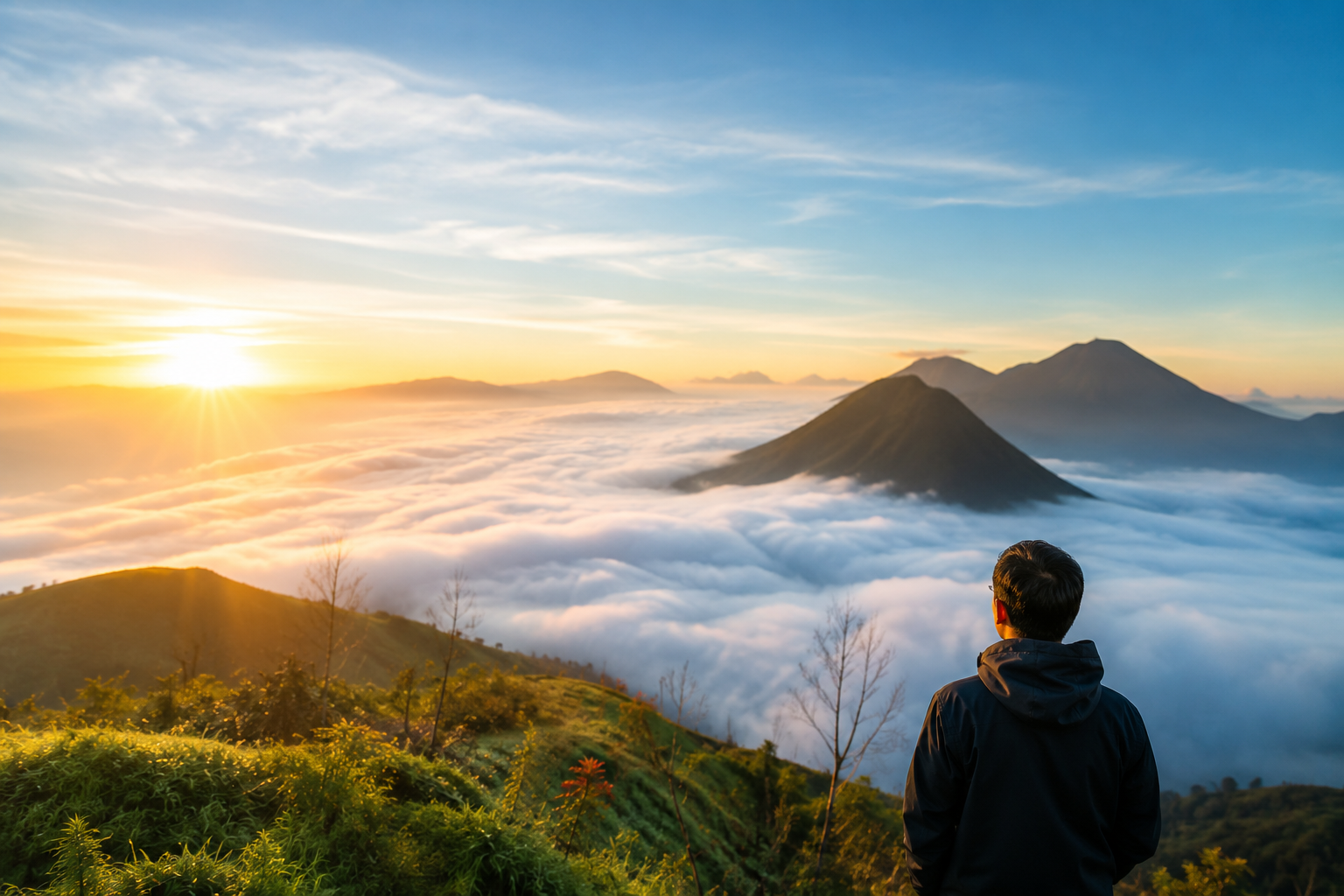 Wisata di Dieng dengan panorama matahari terbit di Bukit Sikunir dan hamparan pegunungan yang diselimuti kabut pagi