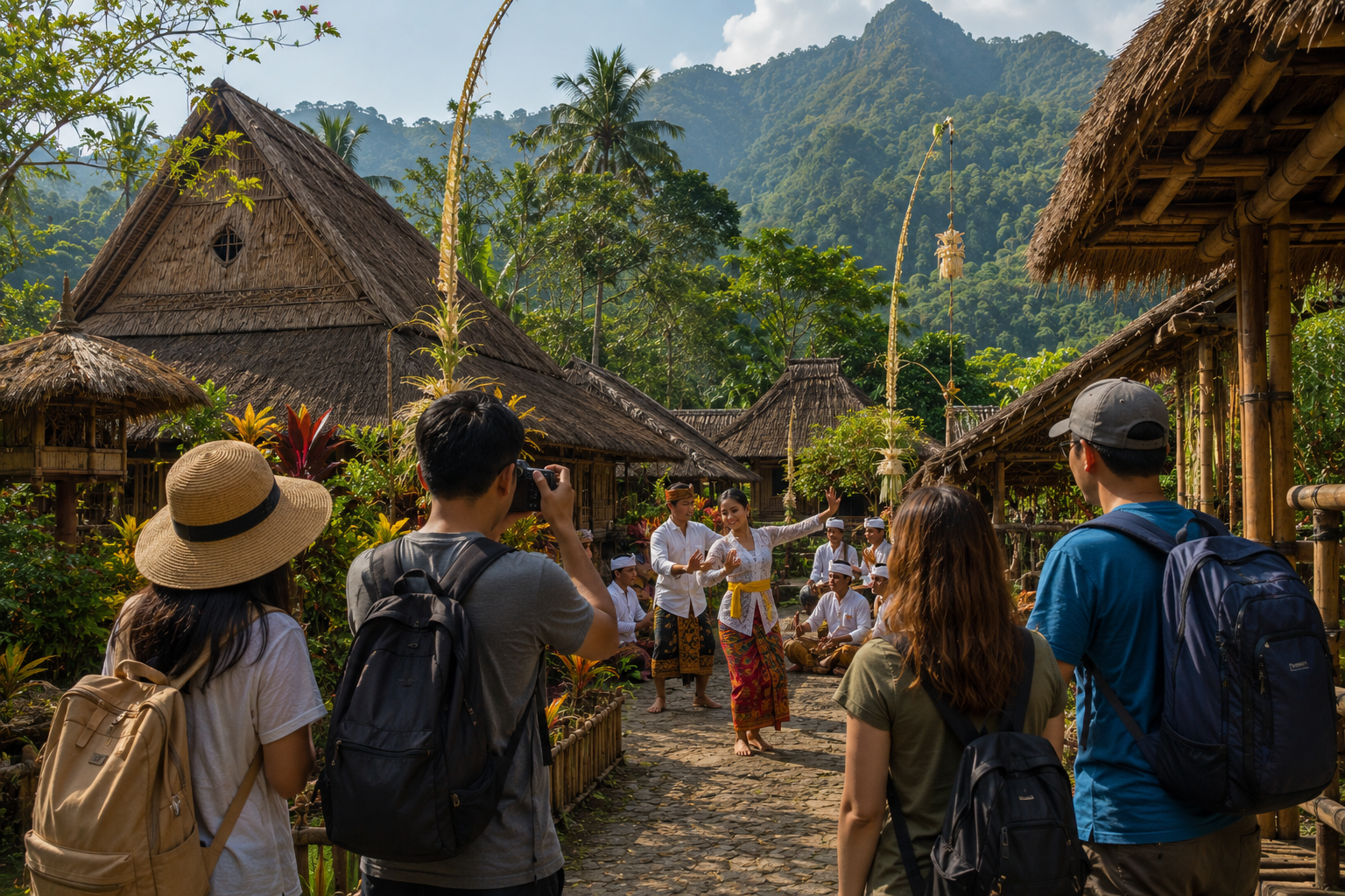 Pemandangan desa wisata di Indonesia dengan rumah adat, sawah hijau, dan budaya lokal