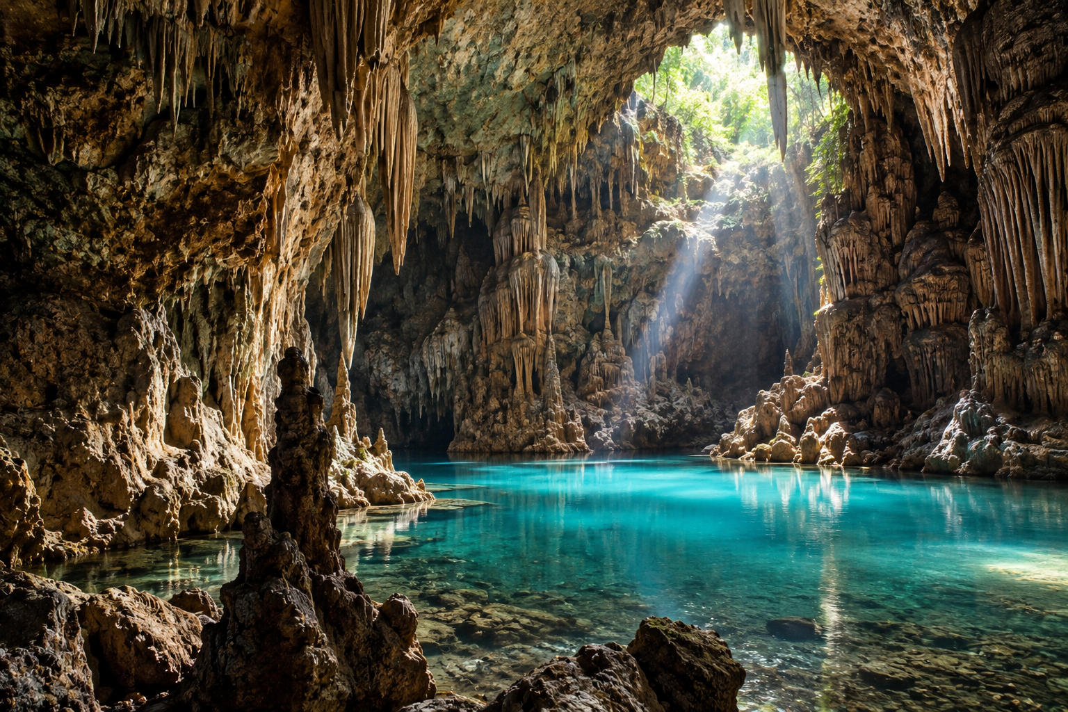 Goa Wisata Indonesia dengan stalaktit dan stalagmit yang indah di dalam gua alami.