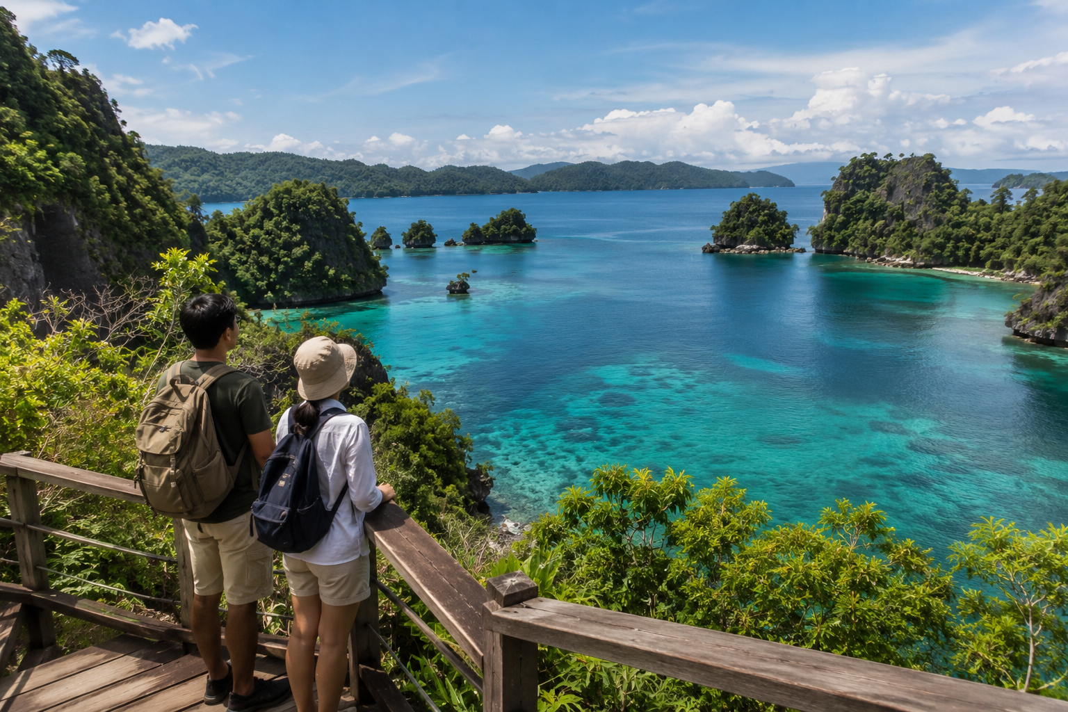 Ekowisata Indonesia menampilkan kawasan hutan tropis, sungai jernih, dan wisatawan yang menikmati alam dengan tetap menjaga kelestarian lingkungan.