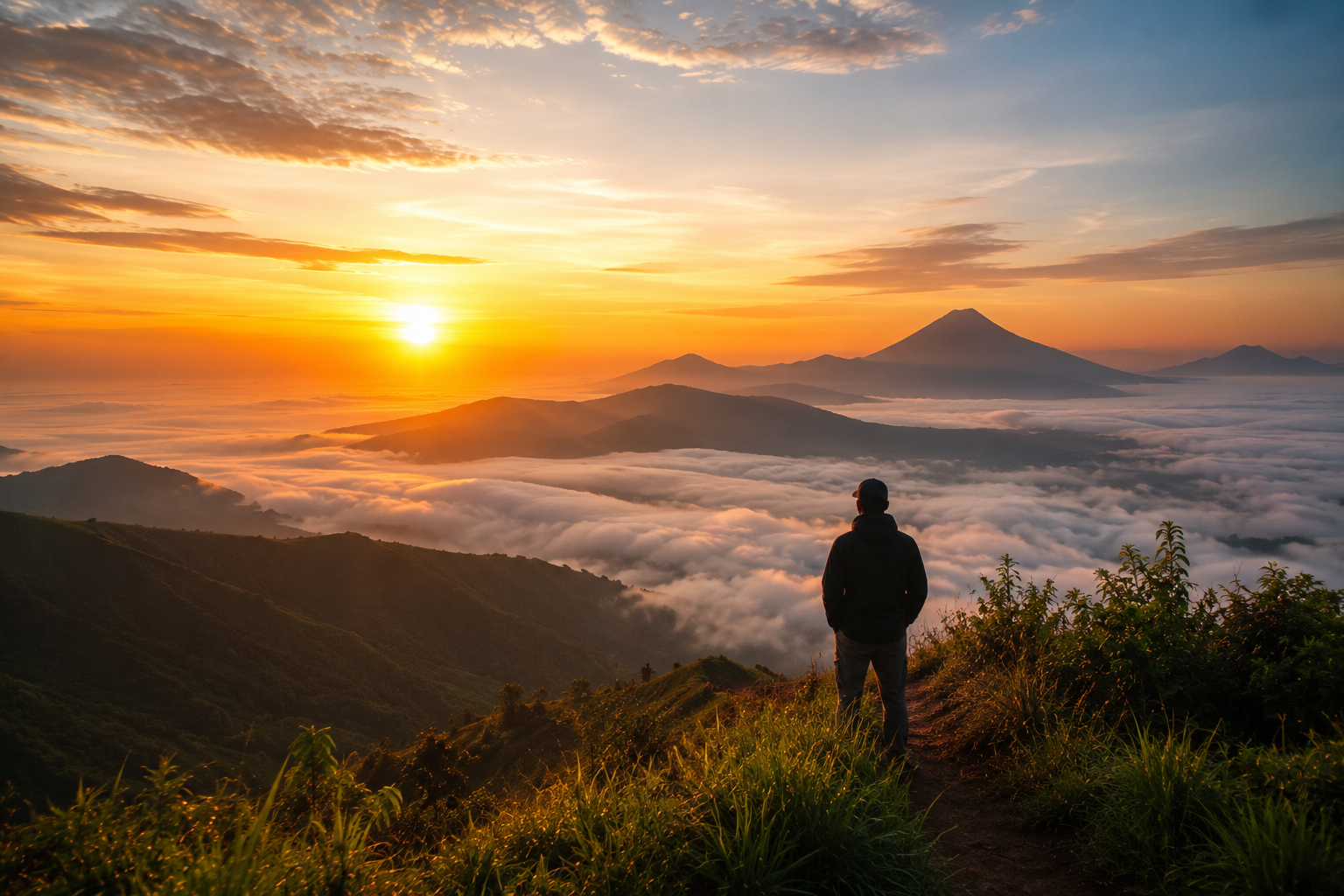 Wisata Bukit Sunrise Indonesia dengan panorama matahari terbit, lautan awan, dan pegunungan yang memukau dari puncak bukit.