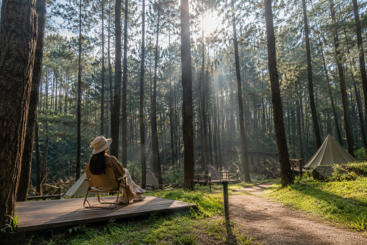Wisata Hutan Pinus di Indonesia dengan deretan pohon pinus yang menjulang tinggi dan jalur pejalan kaki di tengah hutan.