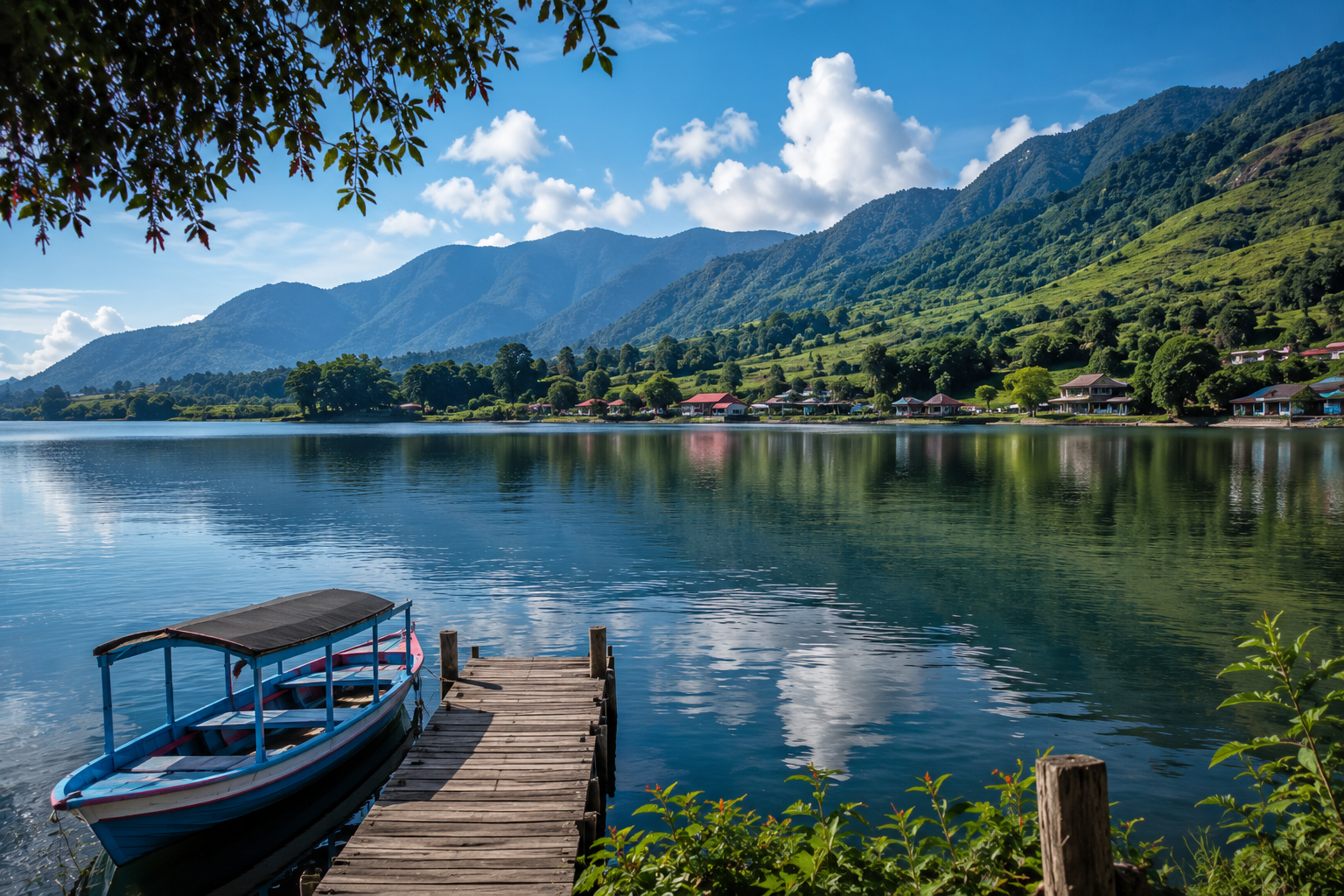 Wisata danau di Indonesia dengan air jernih, pegunungan hijau, dan wisatawan menikmati panorama alam dari tepi danau