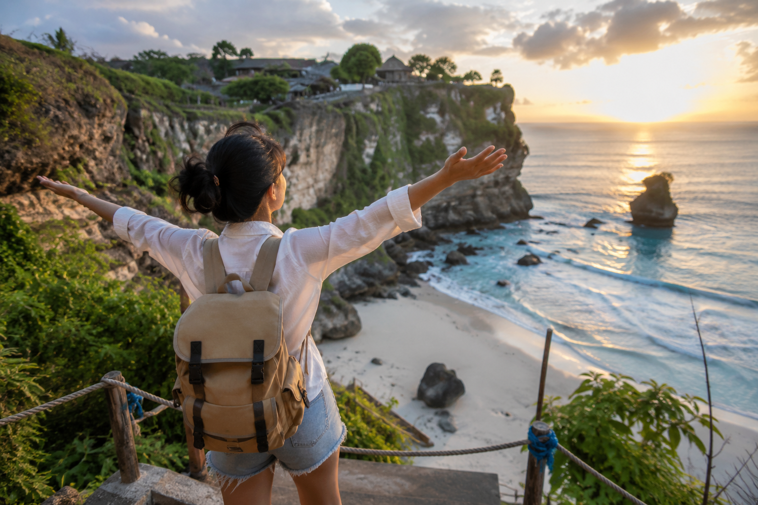 Liburan Murah ke Bali menikmati pantai dengan suasana matahari terbenam.