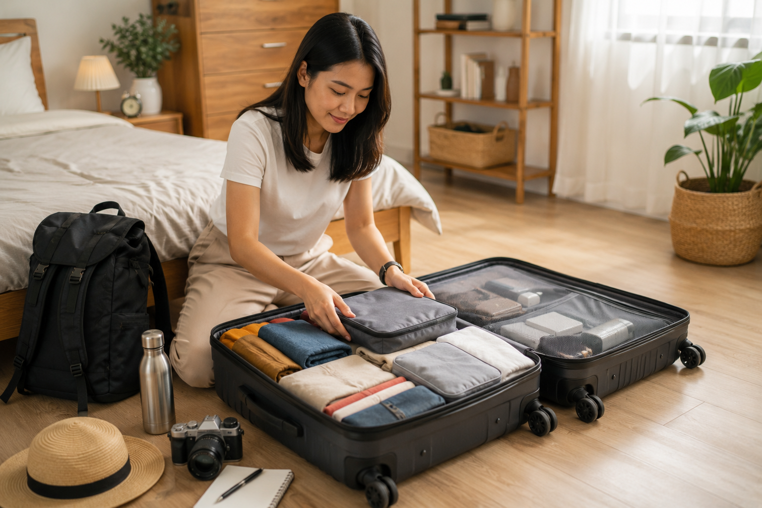 Barang Traveling tersusun rapi di dalam koper dan tas ransel untuk memudahkan perjalanan wisata.