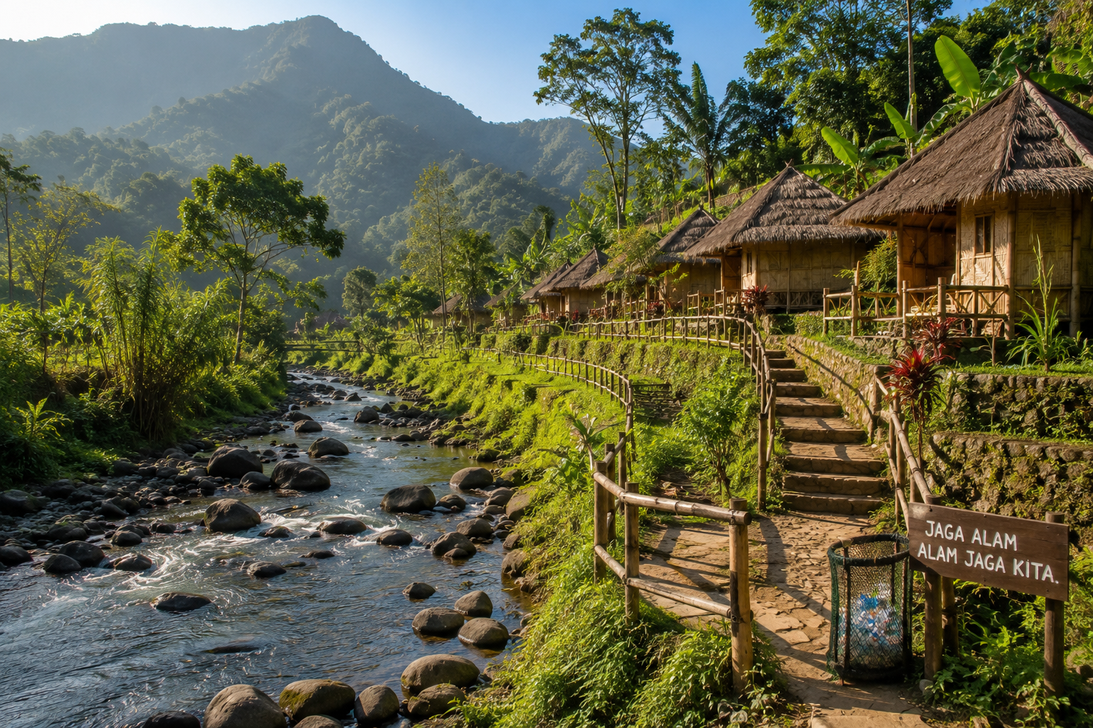 Wisatawan menikmati Destinasi Ekowisata Indonesia di kawasan hutan tropis dengan jalur trekking, sungai jernih, dan keanekaragaman hayati yang terjaga.