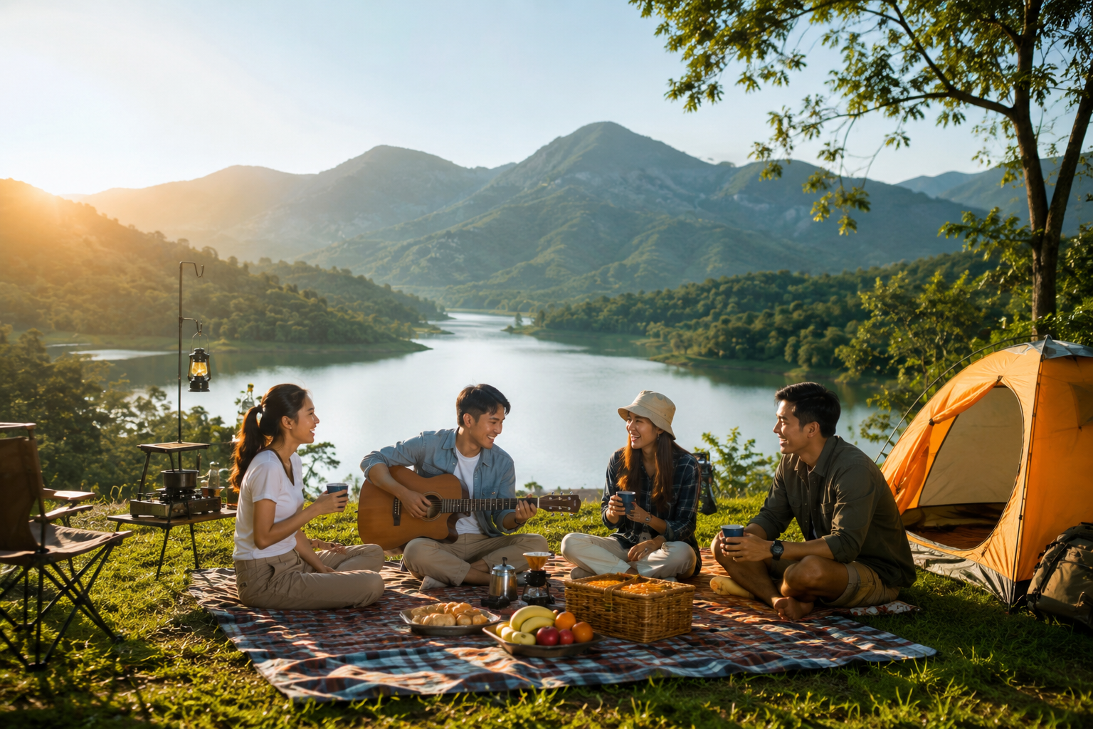 Tempat Piknik Alam Indonesia dengan hamparan padang rumput hijau, danau alami, pepohonan rindang, serta keluarga yang menikmati suasana liburan akhir pekan.